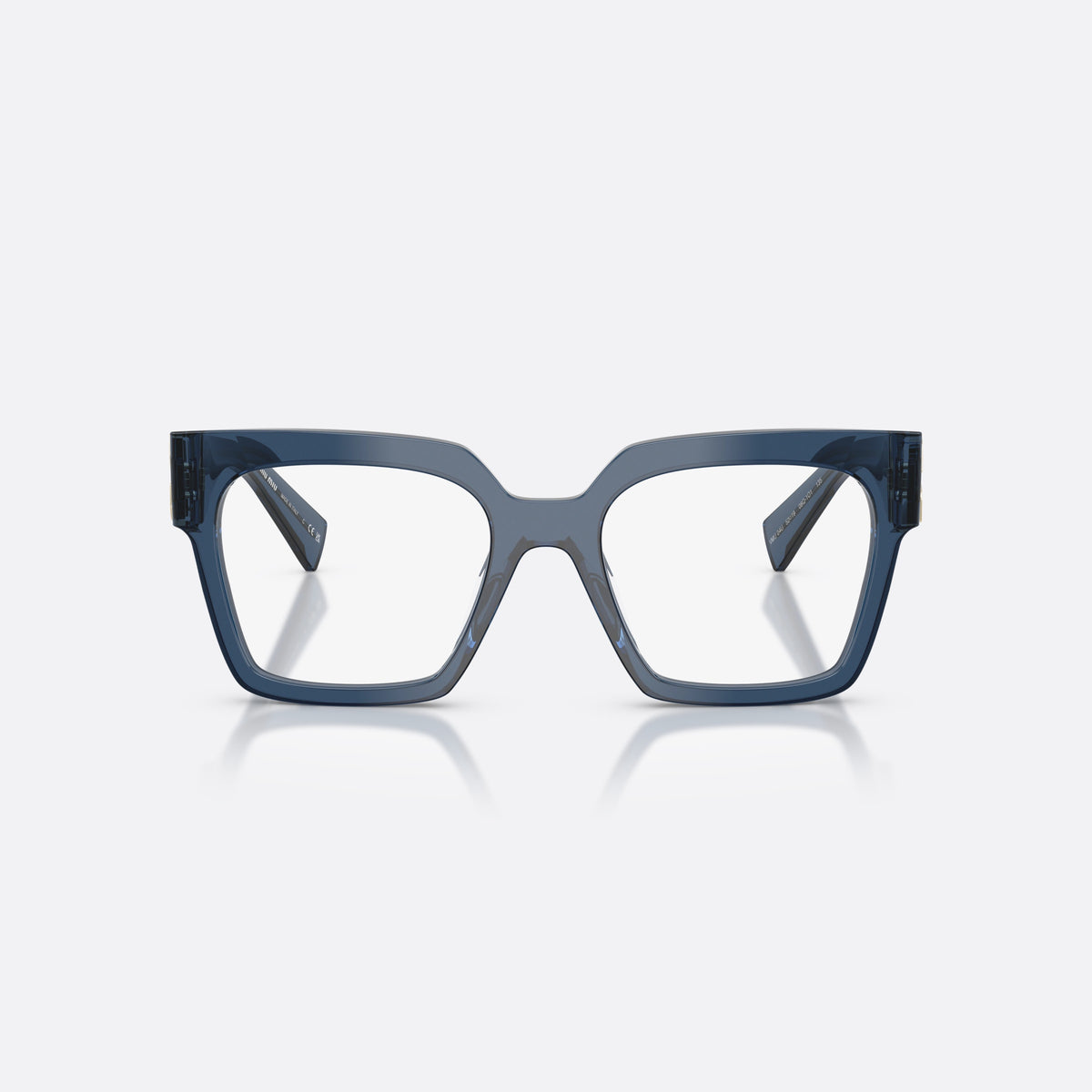 Miu Miu MU 04UV 08Q1O1 eyeglasses, blue square frame for women, plain bridge, integrated into front, wide tapered temples, front view