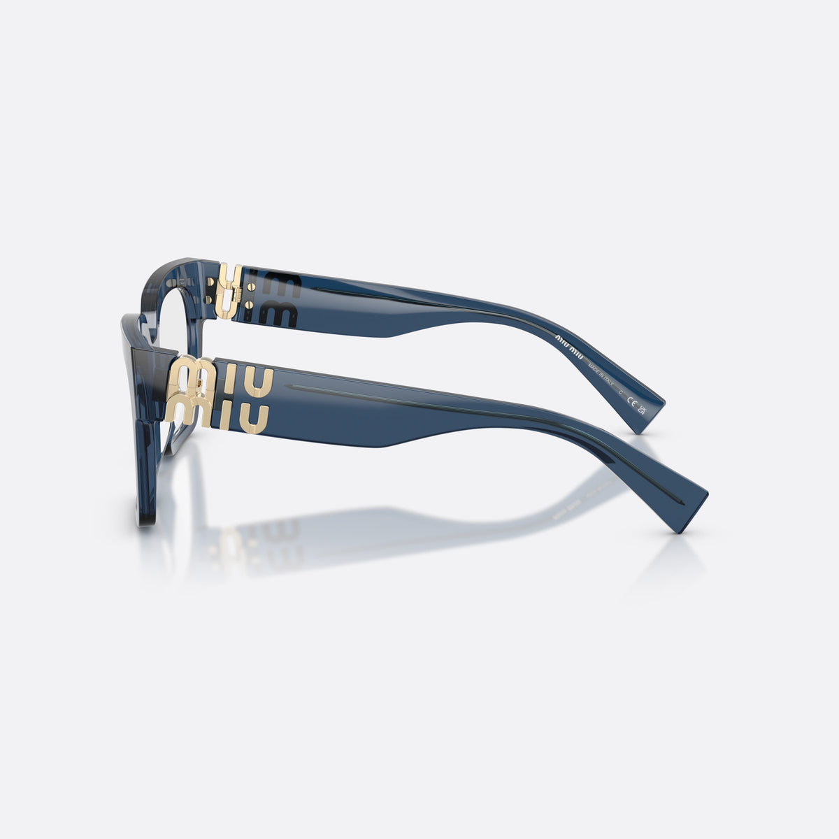 Miu Miu MU 04UV 08Q1O1 eyeglasses, blue square frame for women, plain bridge, integrated into front, wide tapered temples, side view