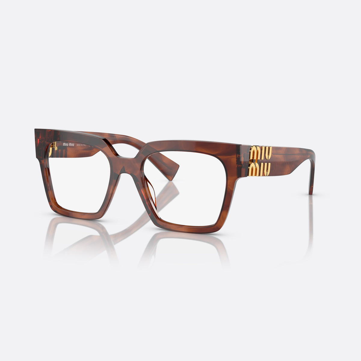 Miu Miu MU 04UV 11Q1O1 eyeglasses, havana squared frame for women, plain saddle bridge, brand lettering on temples