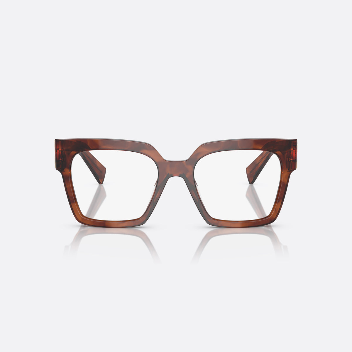 Miu Miu MU 04UV 11Q1O1 eyeglasses, havana squared frame for women, plain saddle bridge, brand lettering on temples, front view
