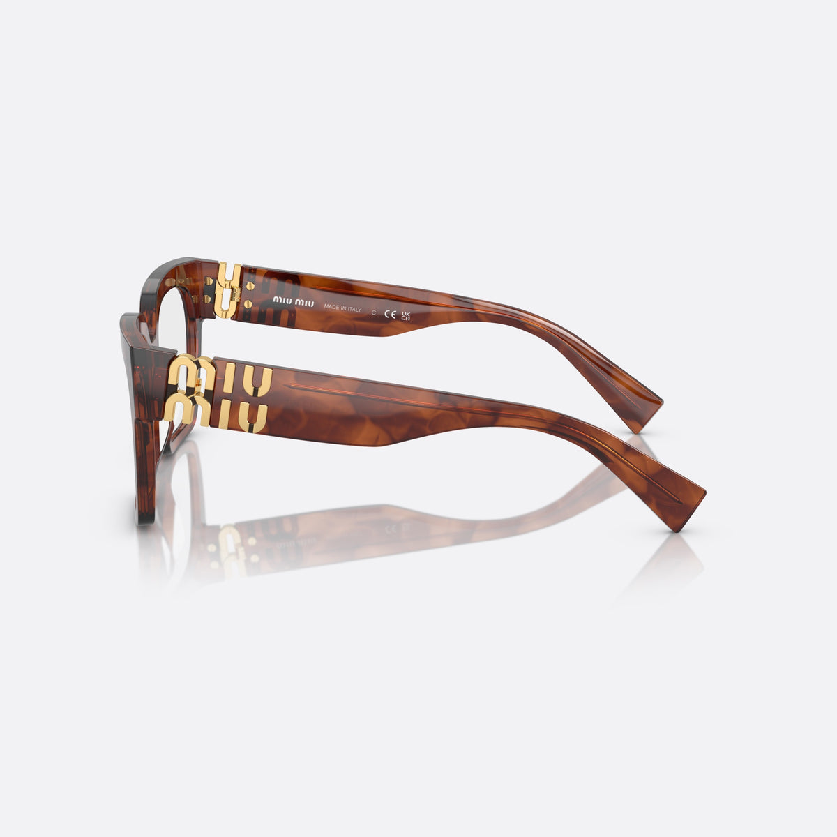 Miu Miu MU 04UV 11Q1O1 eyeglasses, havana squared frame for women, plain saddle bridge, brand lettering on temples, side view