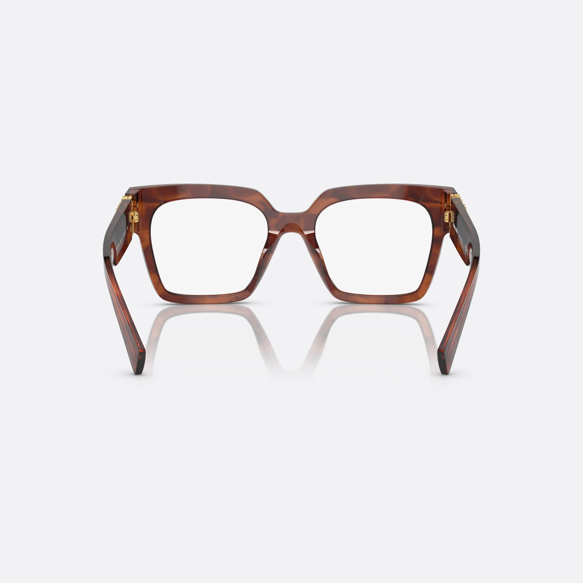 Miu Miu MU 04UV 11Q1O1 eyeglasses, havana squared frame for women, plain saddle bridge, brand lettering on temples, back view