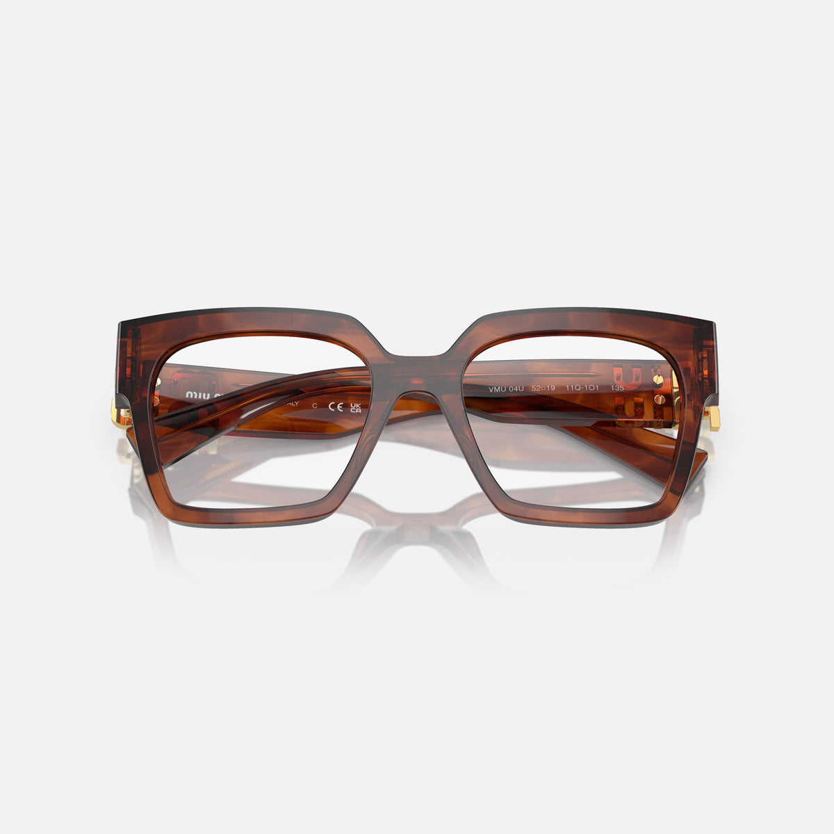 Miu Miu MU 04UV 11Q1O1 eyeglasses, havana squared frame for women, plain saddle bridge, brand lettering on temples, folded