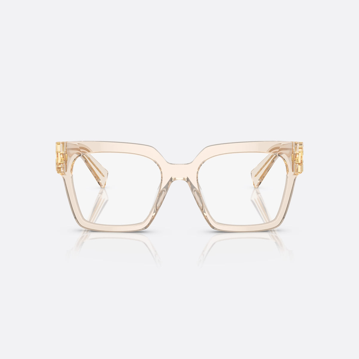 Miu Miu MU 04UV 11T1O1 eyeglasses, clear squared frame for women, plain integrated bridge, brand lettering on temples, front view