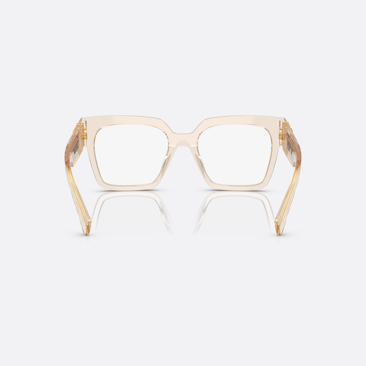 Miu Miu MU 04UV 11T1O1 eyeglasses, clear squared frame for women, plain integrated bridge, brand lettering on temples, back view