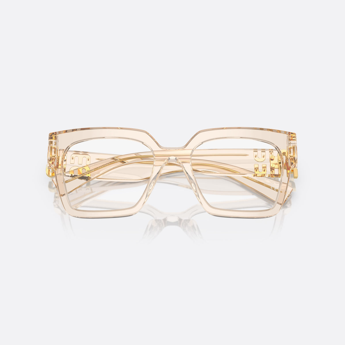 Miu Miu MU 04UV 11T1O1 eyeglasses, clear squared frame for women, plain integrated bridge, brand lettering on temples, folded