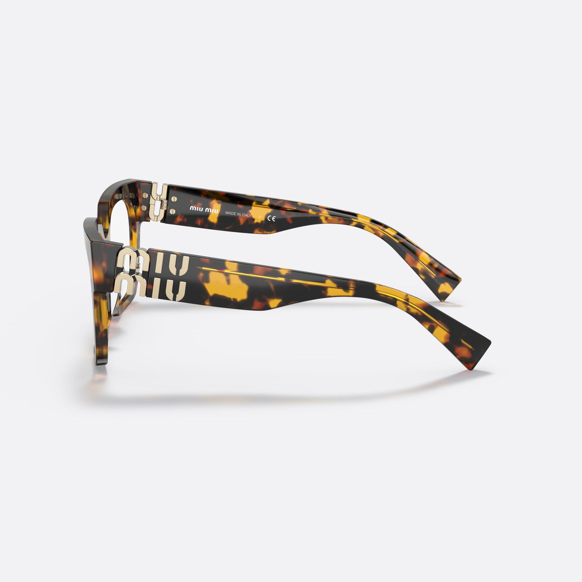 Miu Miu MU 04UV VAU1O1 eyeglasses, havana square frame for women, plain saddle style bridge, brand lettering on temples, side view