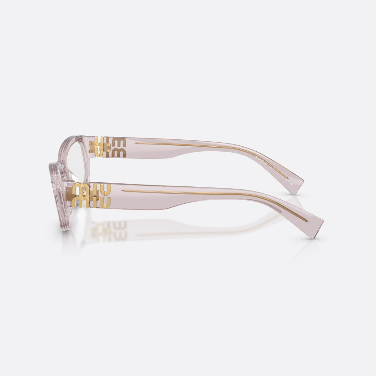 Miu Miu MU 04YV 12W1O1 eyeglasses, violet irregular frame for women, keyhole bridge, brand lettering on temples, full-rim frame, side view