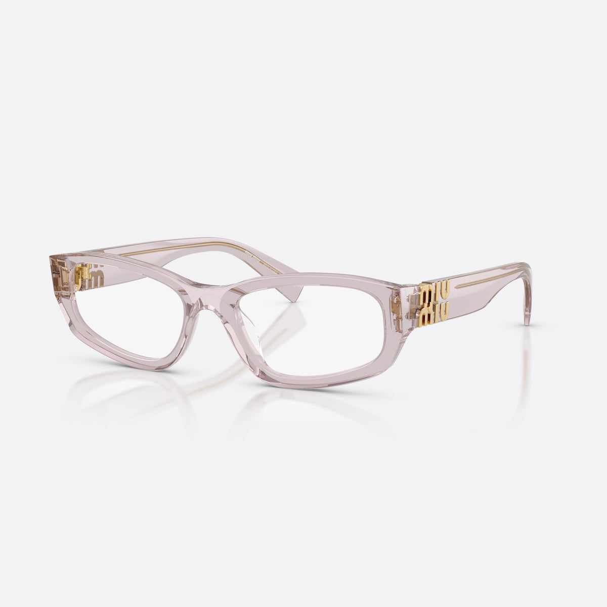 Miu Miu MU 04YV 12W1O1 eyeglasses, violet irregular frame for women, plain integrated bridge, brand lettering on temples