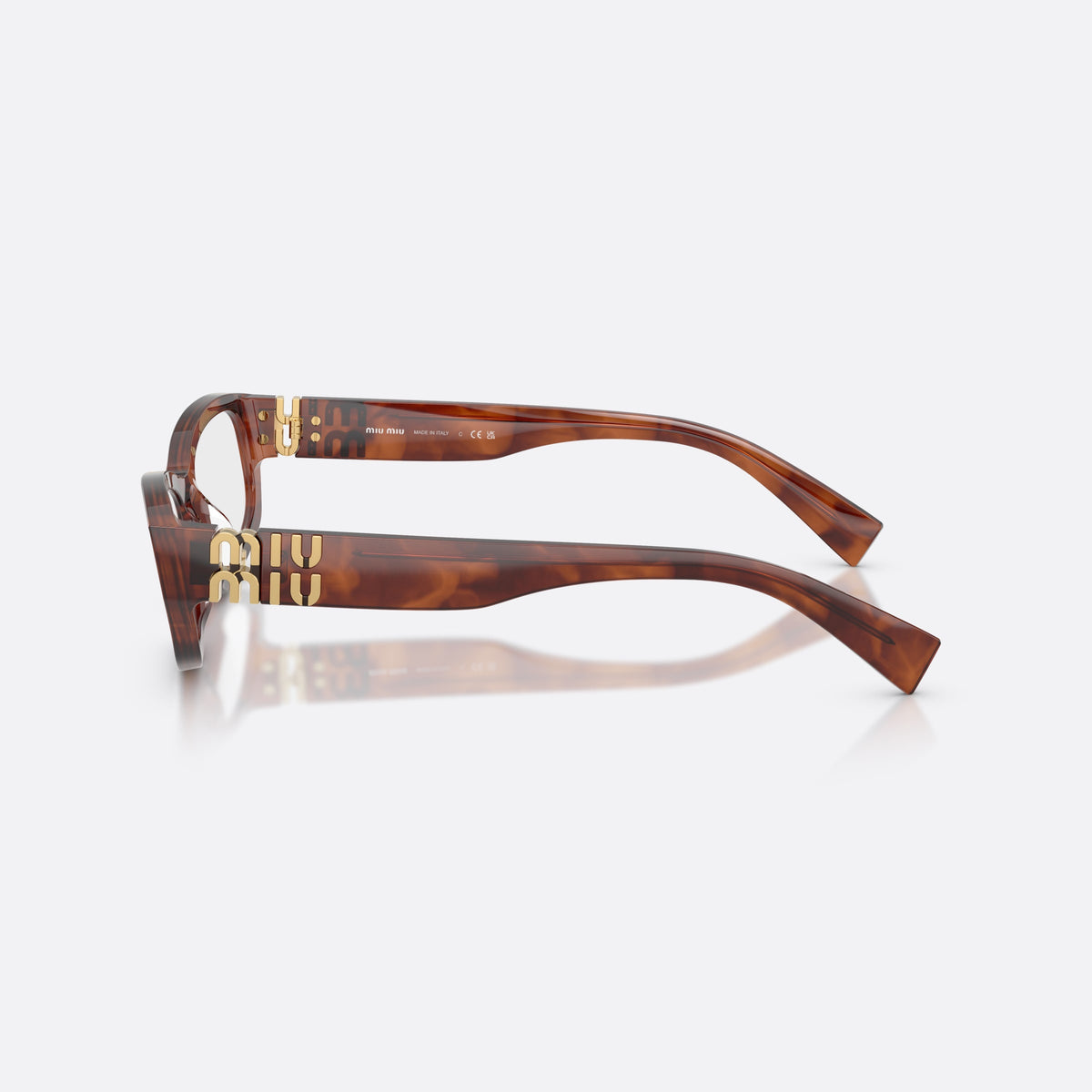 Rame ochelari de vedere Miu Miu MU 04YV 26E1O1, neregulat maro, pentru femei, punte simplă integrată, literele brandului pe braț, vedere laterală