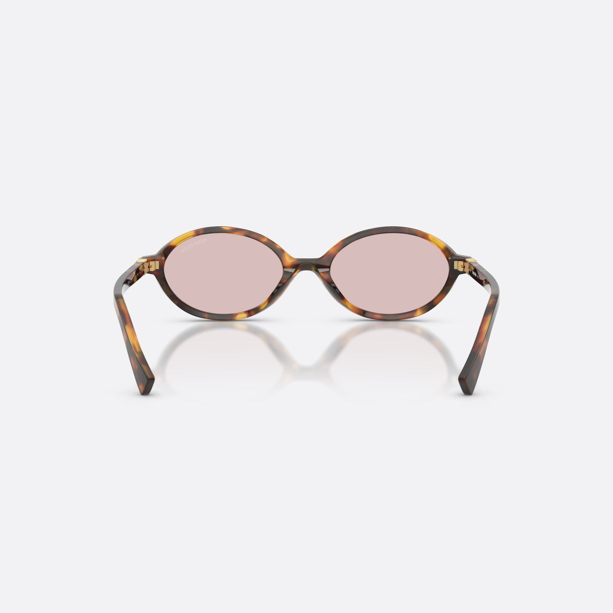 Miu Miu MU 04ZS 14L4I0 sunglasses, havana oval frame for women, keyhole bridge, brand logo plaque on temple, back view
