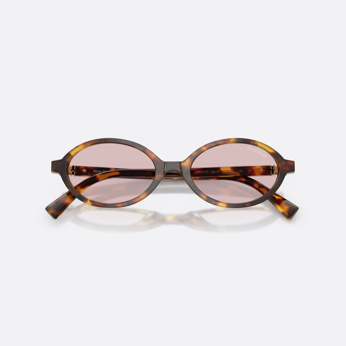 Miu Miu MU 04ZS 14L4I0 sunglasses, havana oval frame for women, keyhole bridge, brand logo plaque on temple, folded