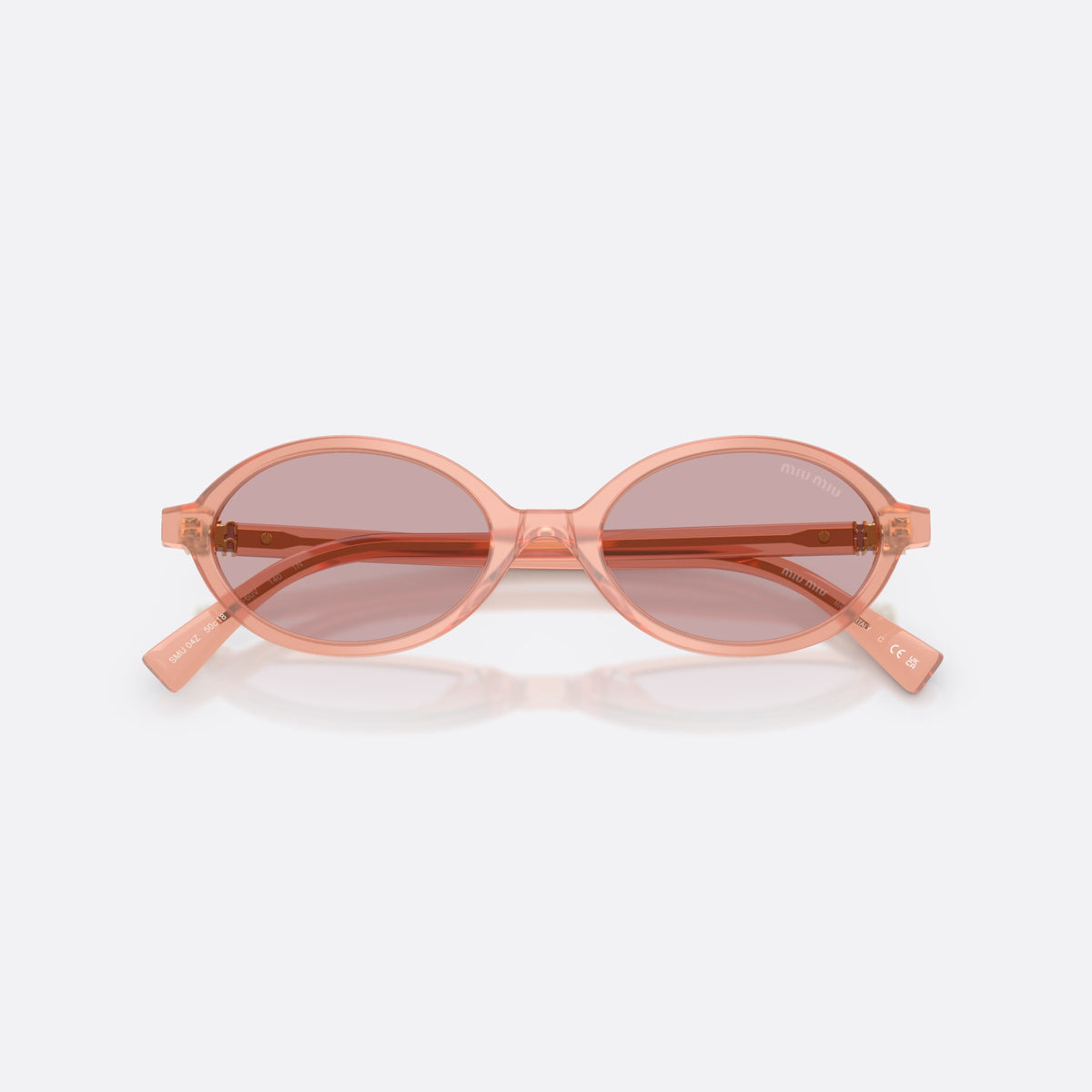 Ochelari de soare Miu Miu MU 04ZS 20I60V, ovali roz, pentru femei, punte simplă integrată, placă cu logoul brandului pe braț, cu brațele pliate