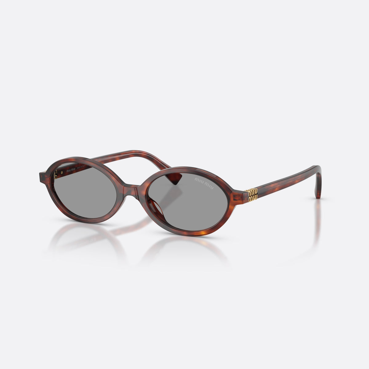 Miu Miu MU 04ZS 21C40O sunglasses, havana oval frame for women, plain integrated bridge, brand logo plaque on temple