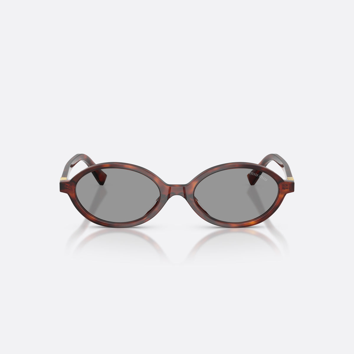 Miu Miu MU 04ZS 21C40O sunglasses, havana oval frame for women, plain integrated bridge, brand logo plaque on temple, front view
