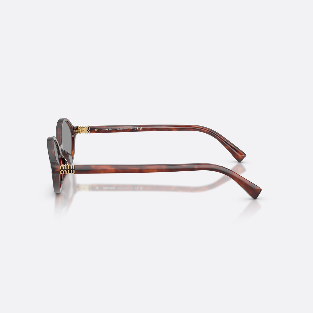 Miu Miu MU 04ZS 21C40O sunglasses, havana oval frame for women, plain integrated bridge, brand logo plaque on temple, side view