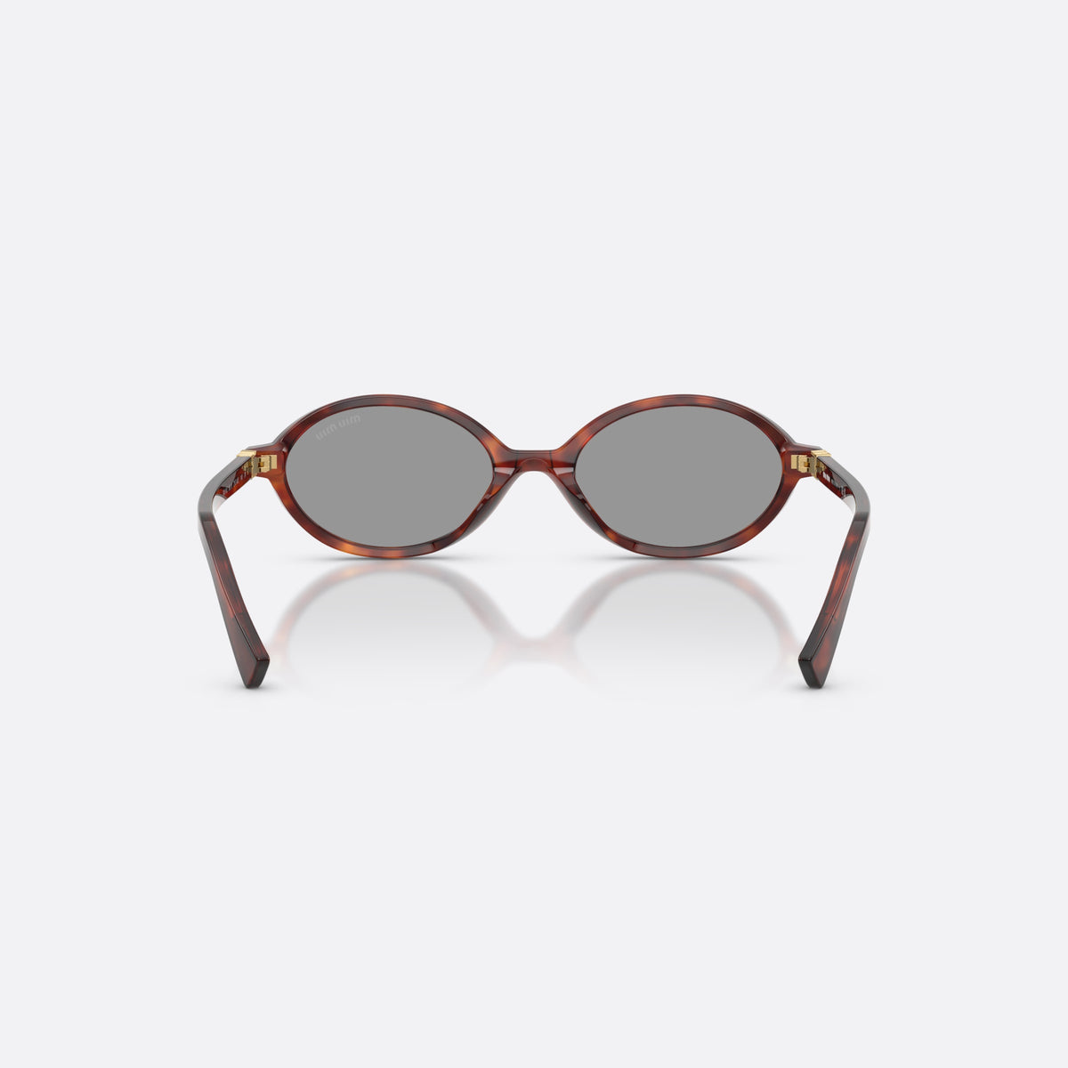 Miu Miu MU 04ZS 21C40O sunglasses, havana oval frame for women, plain integrated bridge, brand logo plaque on temple, back view