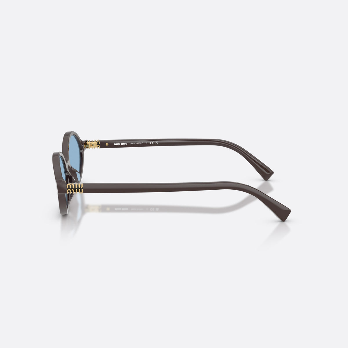 Miu Miu MU 04ZS 22C60O sunglasses, brown oval frame for women, plain integrated bridge, brand lettering on temple, side view