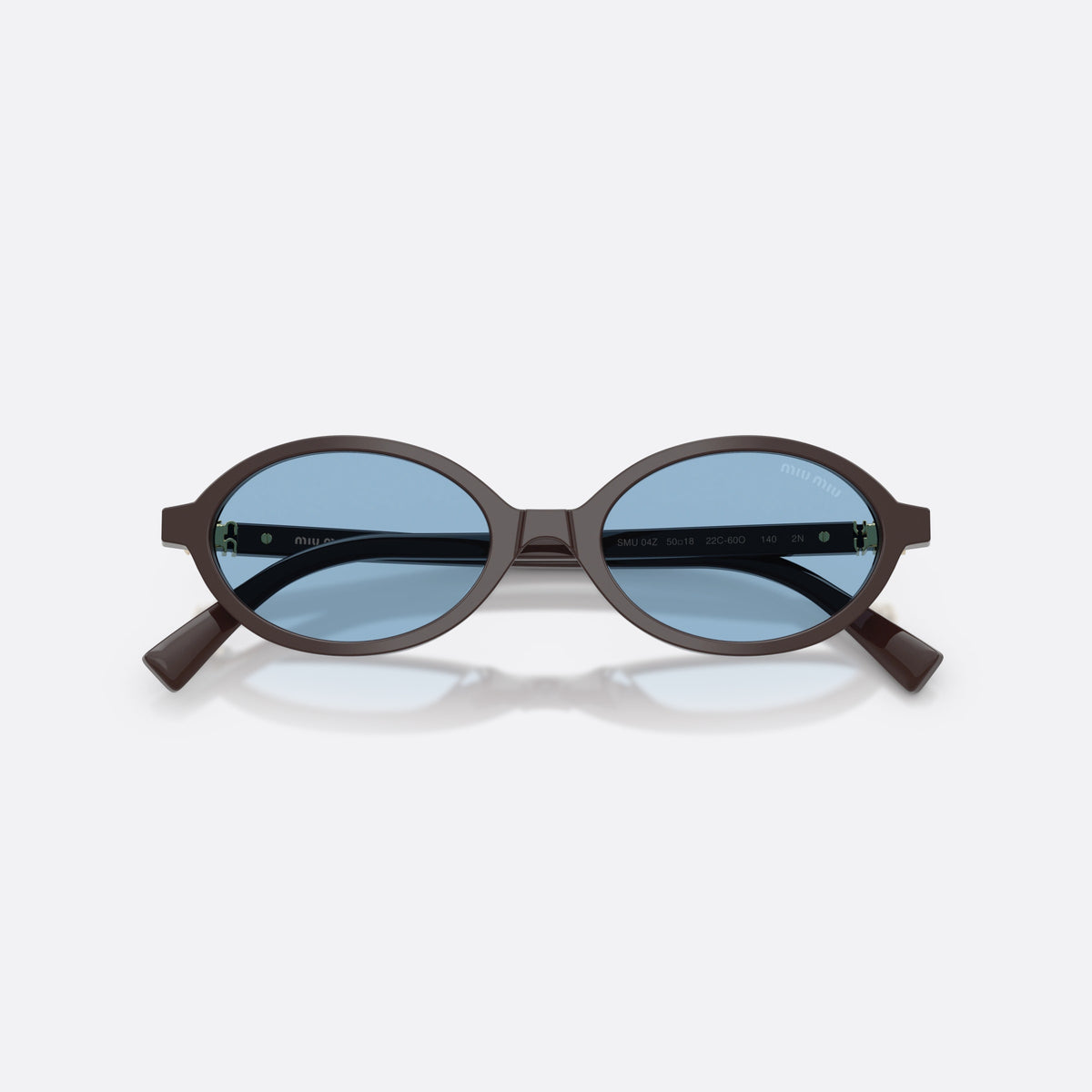 Miu Miu MU 04ZS 22C60O sunglasses, brown oval frame for women, plain integrated bridge, brand lettering on temple, folded