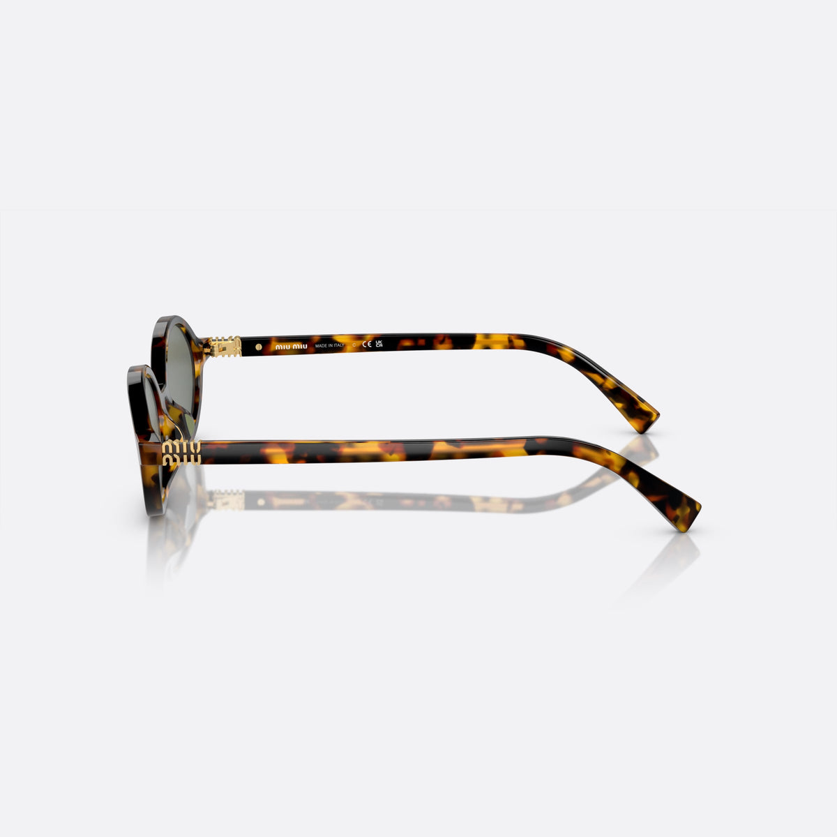 Miu Miu MU 04ZS VAU04M sunglasses, havana oval frame for women, plain integrated bridge, brand lettering on temples, side view