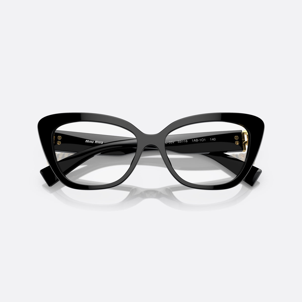 Miu Miu MU 05VV 1AB-1O1 E eyeglasses, black cat eye frame for women, plain bridge, brand lettering on temples, full-rim frame