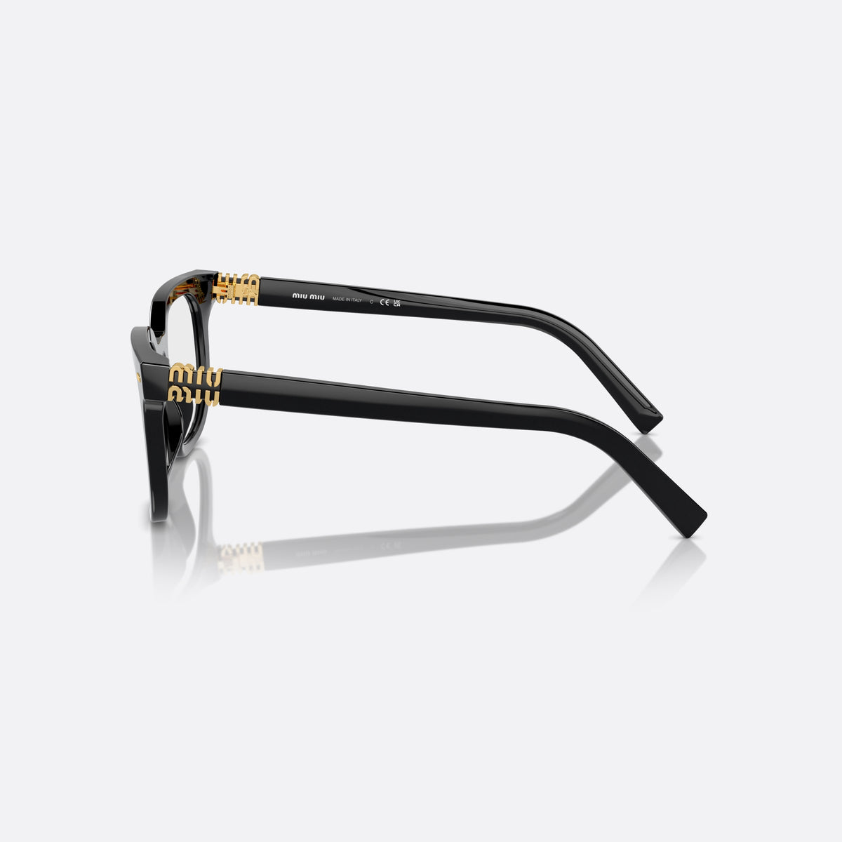 Miu Miu MU 06XV 16K-1O1 eyeglasses, black squared frame for women, plain bridge, integrated into frame, full-rim frame, side view