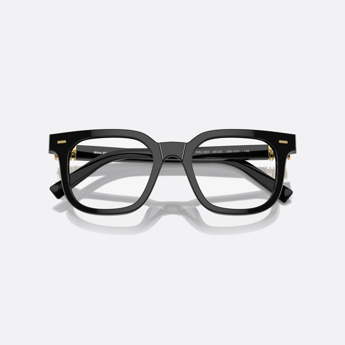 Miu Miu MU 06XV 16K-1O1 eyeglasses, black squared frame for women, plain bridge, integrated into frame, full-rim frame, folded