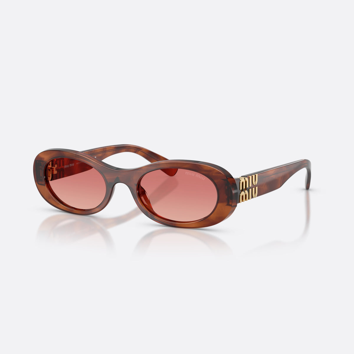 Miu Miu MU 06ZS 26E50U sunglasses, brown oval frame for women, plain bridge, brand lettering on temples, full-rim frame