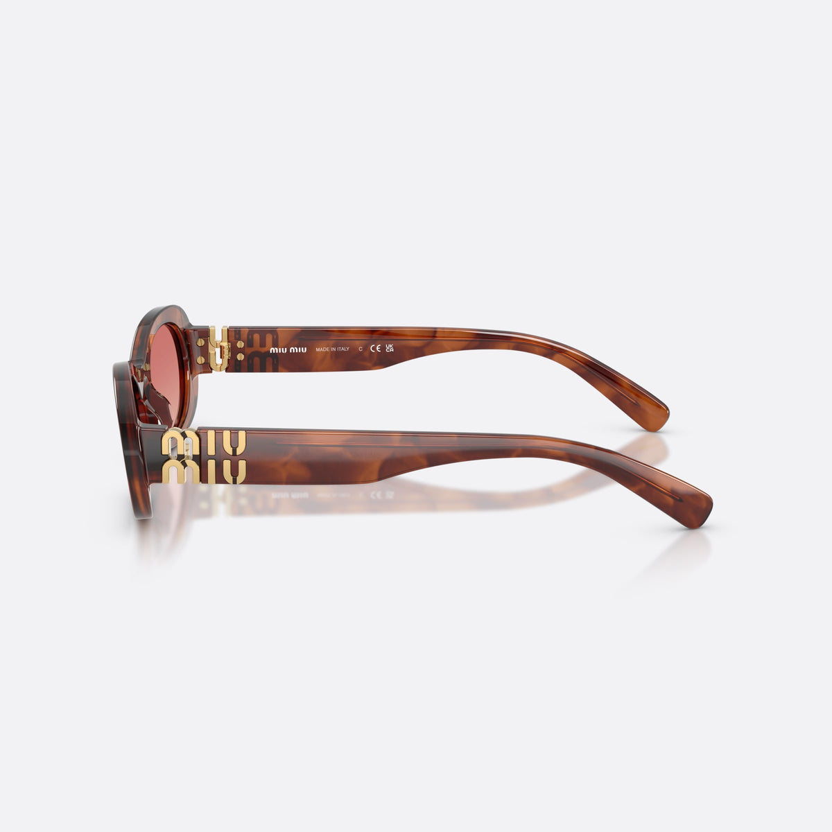 Miu Miu MU 06ZS 26E50U sunglasses, brown oval frame for women, plain bridge, brand lettering on temples, full-rim frame, side view