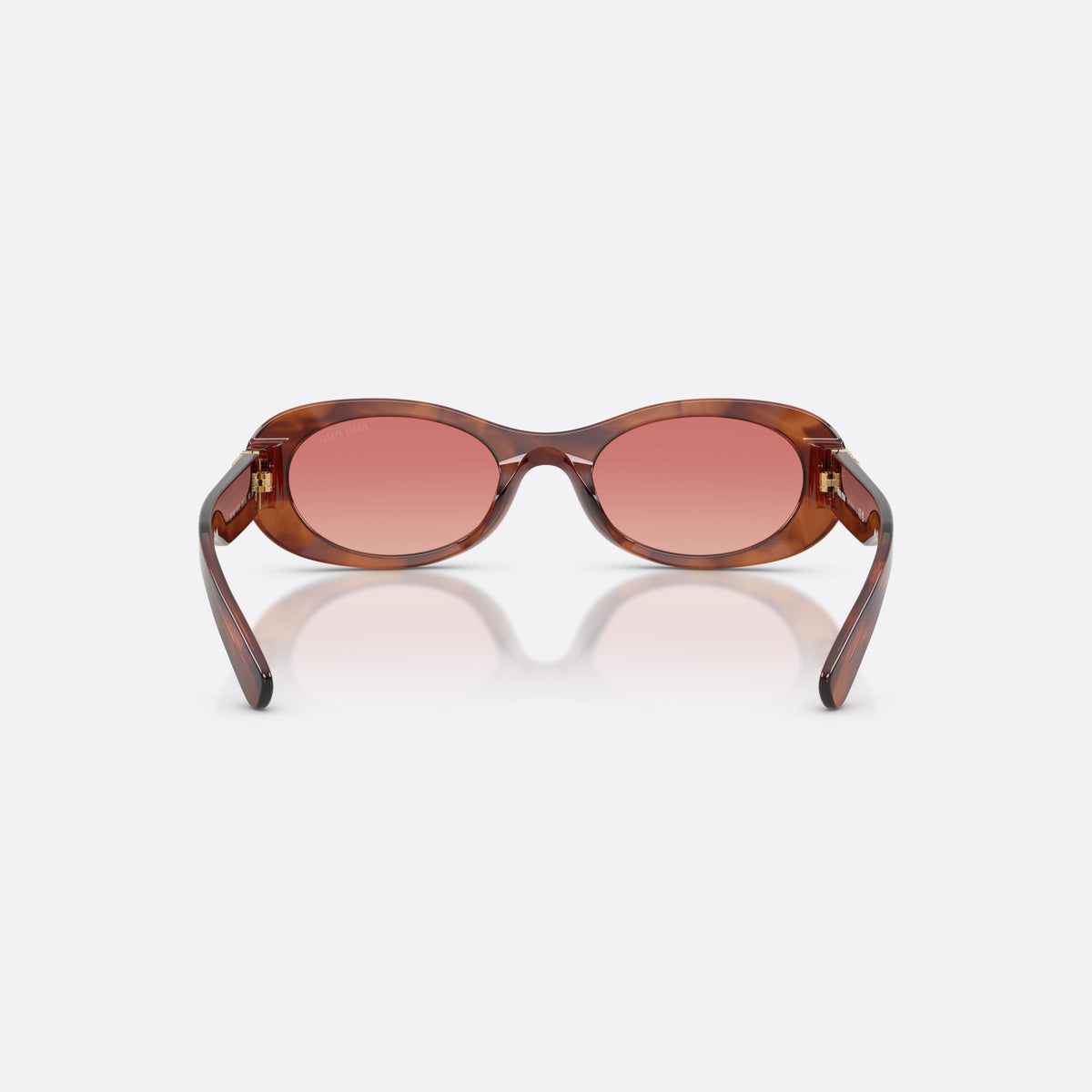 Miu Miu MU 06ZS 26E50U sunglasses, brown oval frame for women, plain bridge, brand lettering on temples, full-rim frame, back view