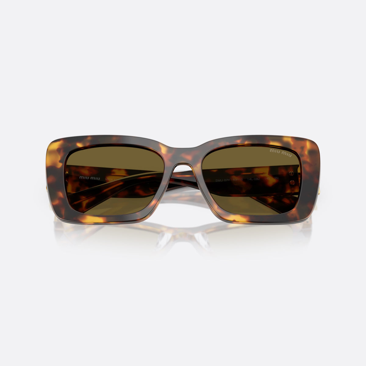 Ochelari de soare Miu Miu MU 07YS 14L09Z, visor havana, pentru femei, punte simplă, literele brandului pe brațe, cu brațele pliate