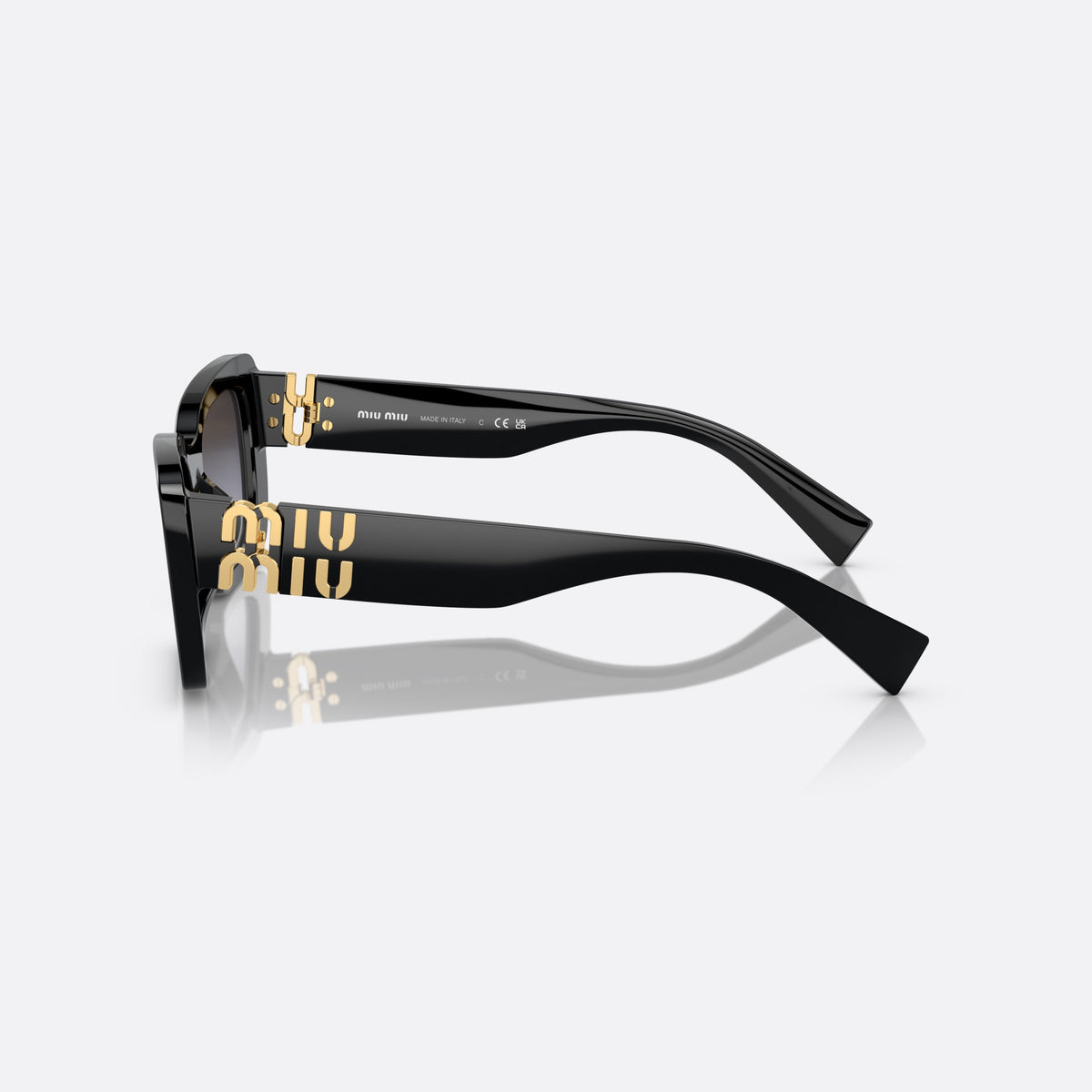 Ochelari de soare Miu Miu MU 07YS 1AB-5D1, rectangulari negru, pentru femei, punte simplă, integrată în ramă, brațe late, conice, vedere laterală