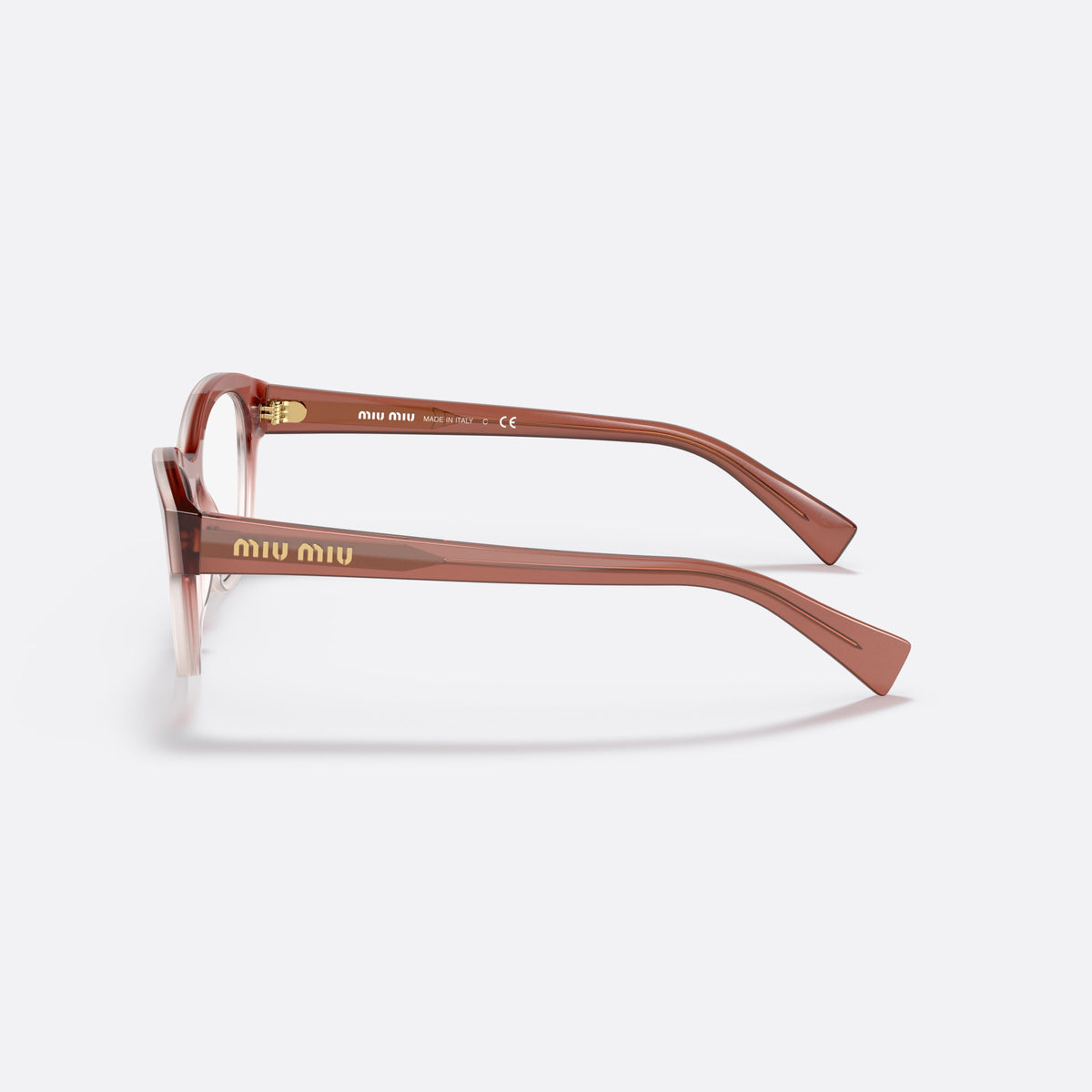 Miu Miu MU 08TV 06T1O1 eyeglasses, brown square frame for women, saddle-style bridge with raised center, slim tapered temples, side view