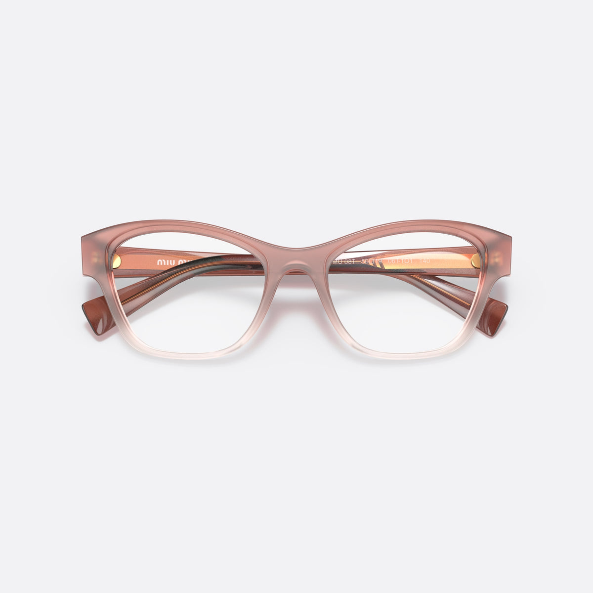 Miu Miu MU 08TV 06T1O1 eyeglasses, brown square frame for women, saddle-style bridge with raised center, slim tapered temples, folded