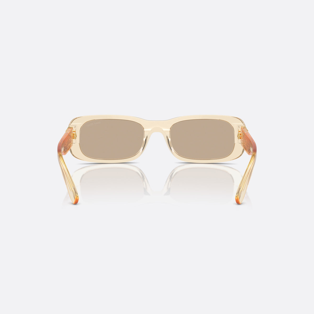Miu Miu MU 08ZS 11T40F sunglasses, brown rectangle frame for women, keyhole bridge, brand lettering on the temples, back view