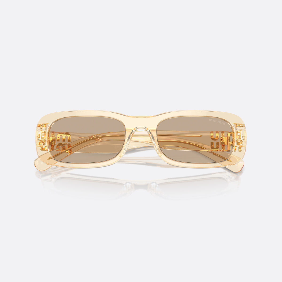 Miu Miu MU 08ZS 11T40F sunglasses, brown rectangle frame for women, keyhole bridge, brand lettering on the temples, folded