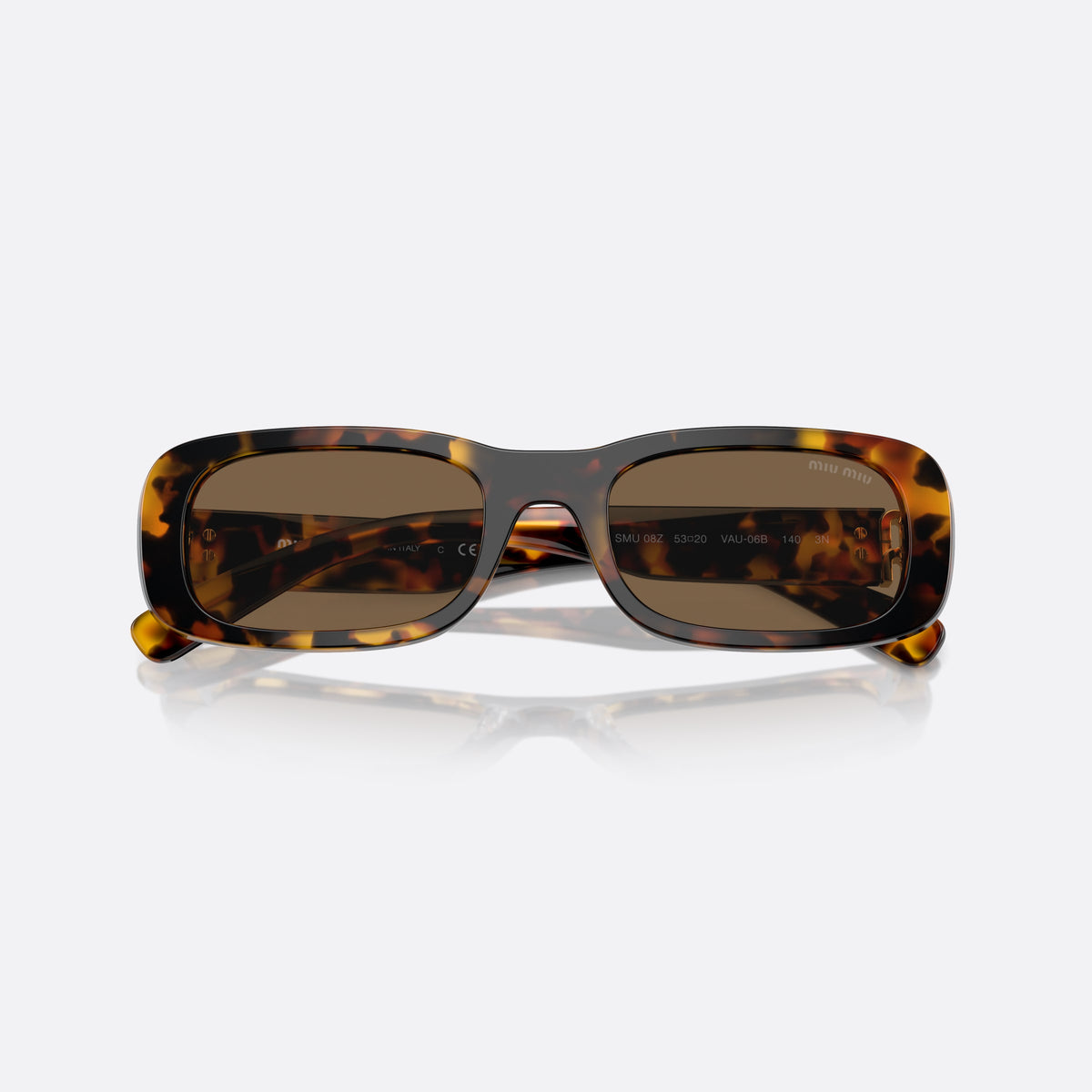Miu Miu MU 08ZS VAU-06B A sunglasses, havana rectangle frame for women, plain bridge, brand lettering on temples, full rim, folded