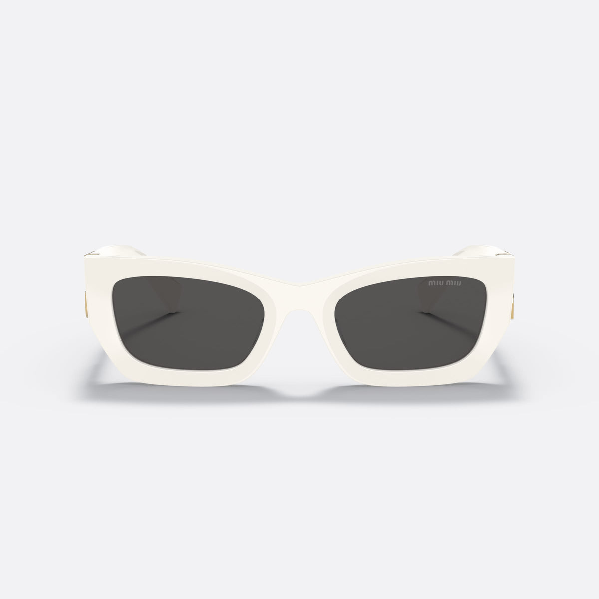 Miu Miu MU 09WS Runway 142-5S0 sunglasses, white rectangle frame for women, plain bridge, brand lettering on temples, wide temples, front view