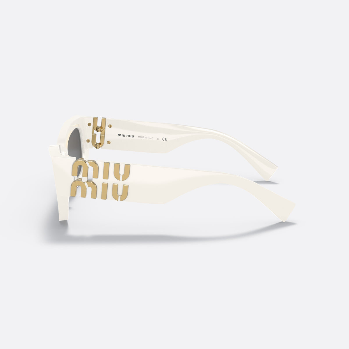Miu Miu MU 09WS Runway 142-5S0 sunglasses, white rectangle frame for women, plain bridge, brand lettering on temples, wide temples, side view