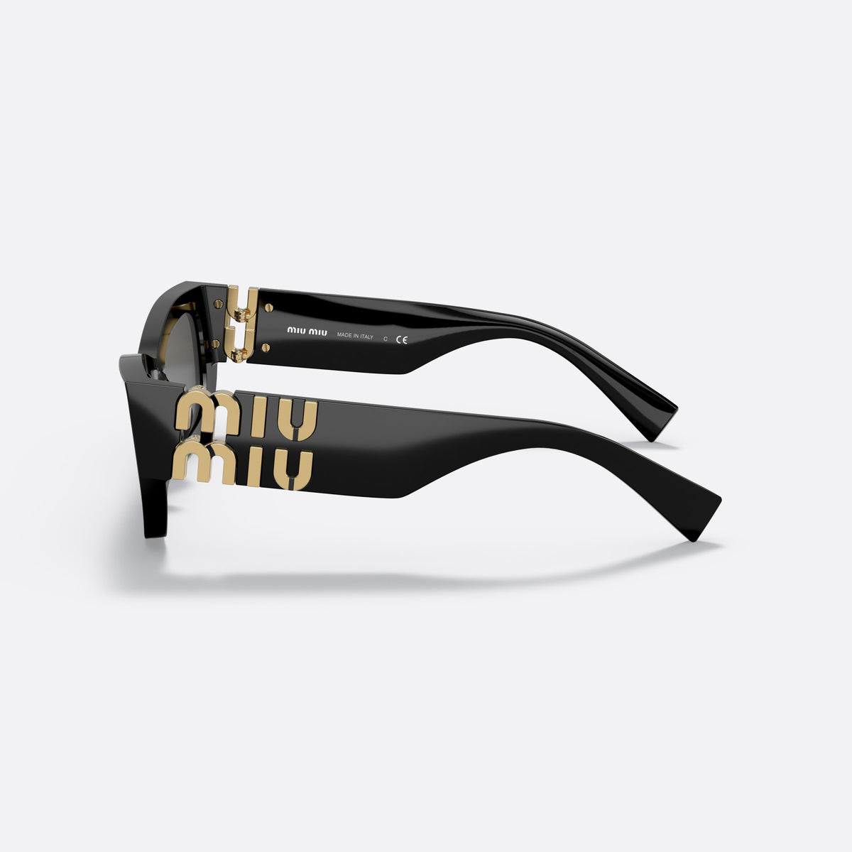 Miu Miu MU 09WS Runway 1AB-5S0 sunglasses, black rectangle frame for women, plain bridge, brand lettering on temples, full-rim frame, side view
