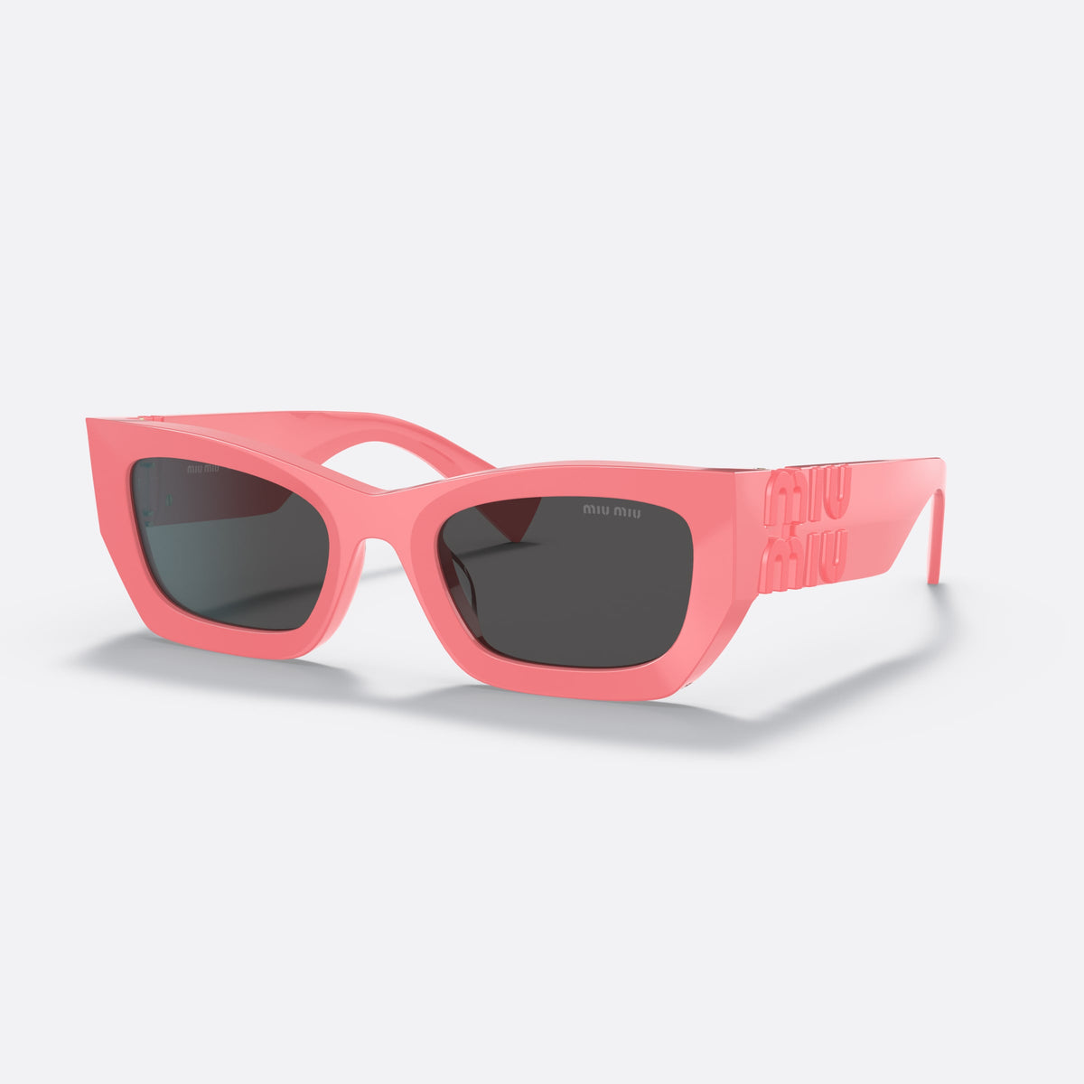 Miu Miu MU 09WS Runway 53 sunglasses, pink rectangular frame for women, plain integrated bridge, brand lettering on temples