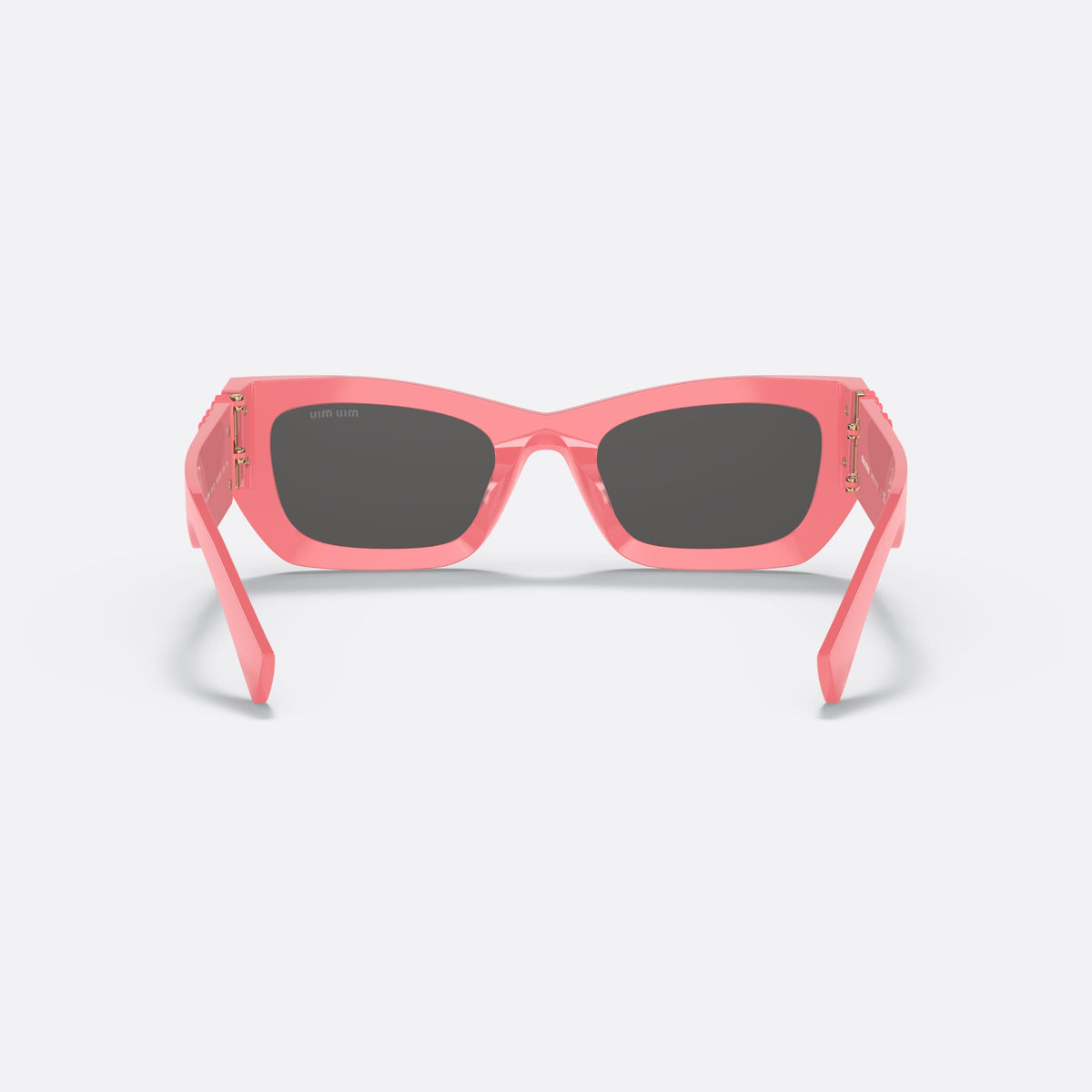 Miu Miu MU 09WS Runway 53 sunglasses, pink rectangular frame for women, plain integrated bridge, brand lettering on temples