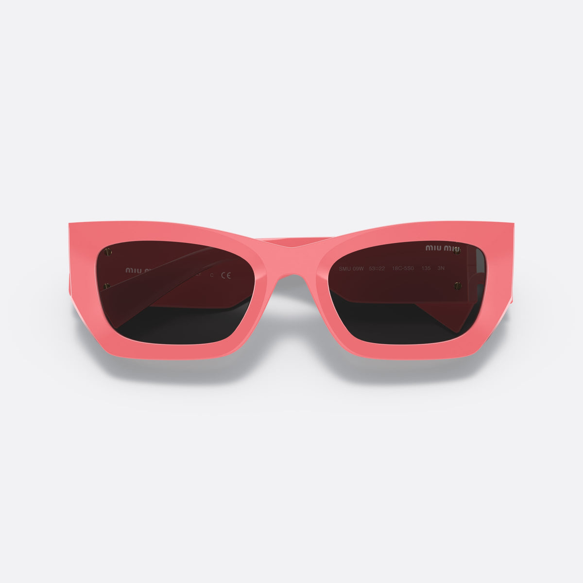 Miu Miu MU 09WS Runway 53 sunglasses, pink rectangular frame for women, plain integrated bridge, brand lettering on temples