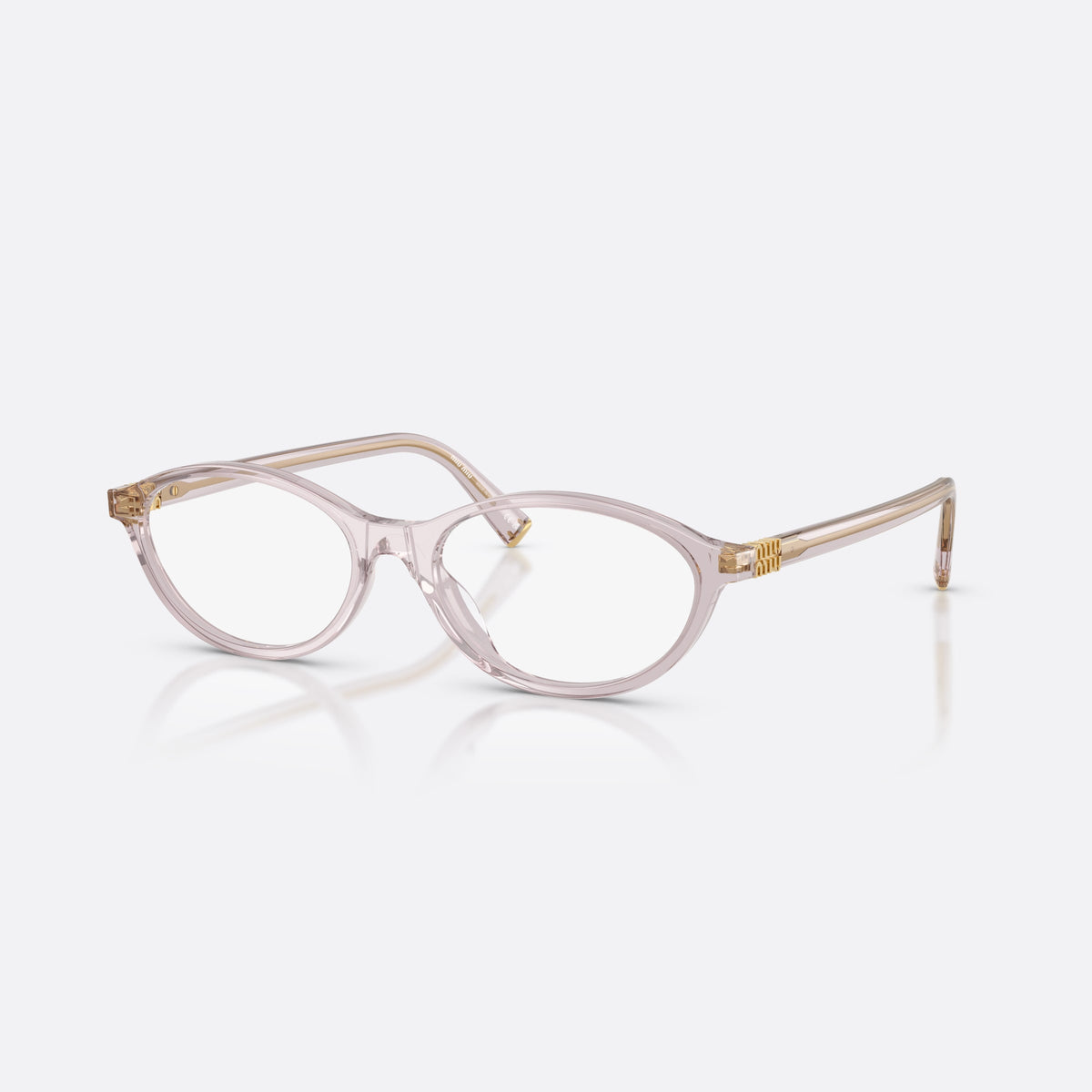 Miu Miu MU 09XV 12W1O1 eyeglasses, violet oval frame for women, plain integrated bridge, brand lettering on temples
