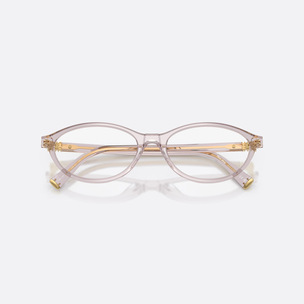 Miu Miu MU 09XV 12W1O1 eyeglasses, violet oval frame for women, plain integrated bridge, brand lettering on temples, folded