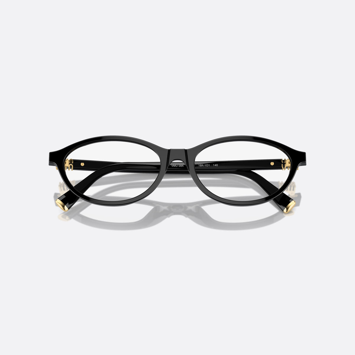 Miu Miu MU 09XV 16K-1O1 eyeglasses, black oval frame for women, plain integrated bridge, brand lettering on temples