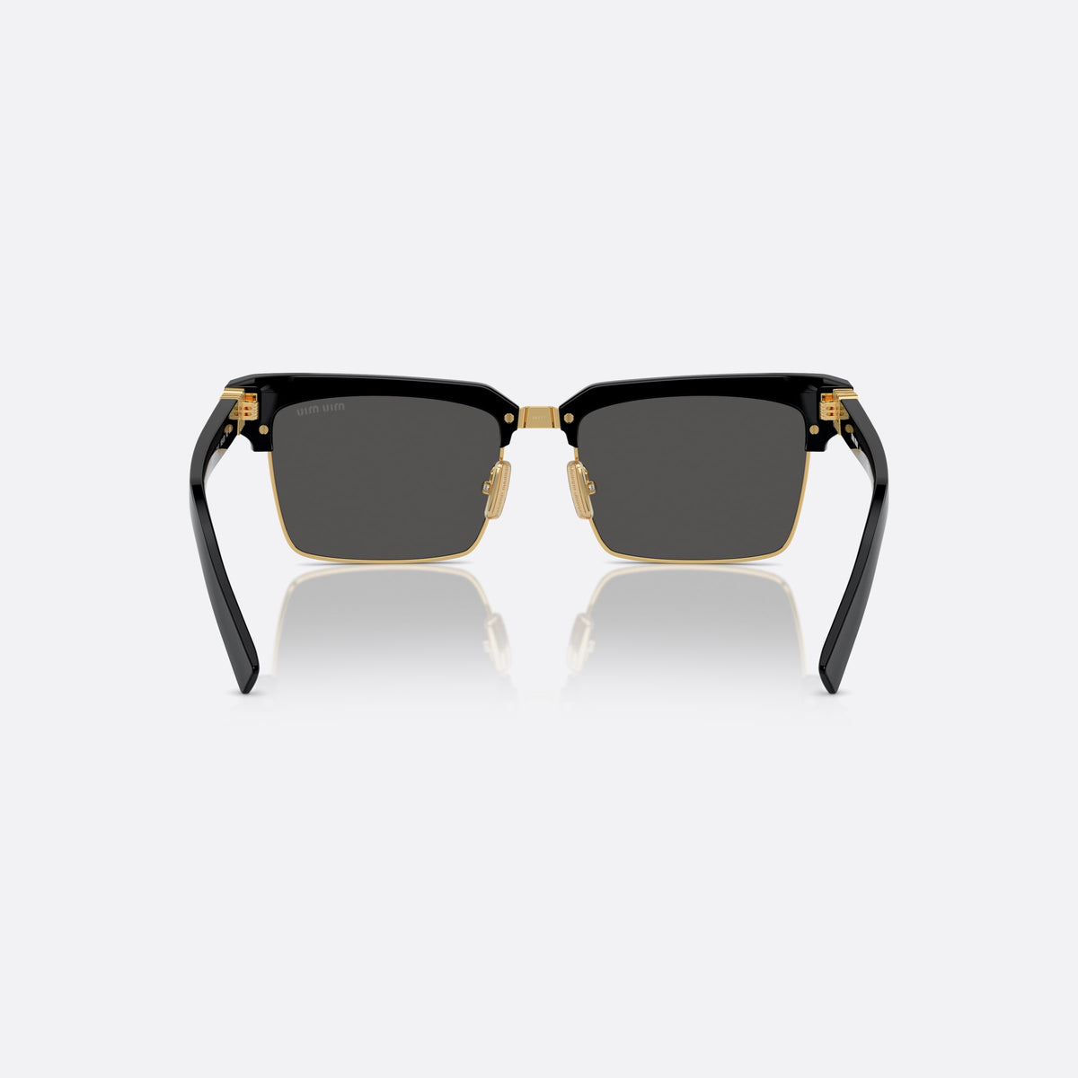 Miu Miu MU 10ZS 1AB-5S0 C sunglasses, black square frame for women, metal bridge with gold-tone center, brand logo on the front, back view