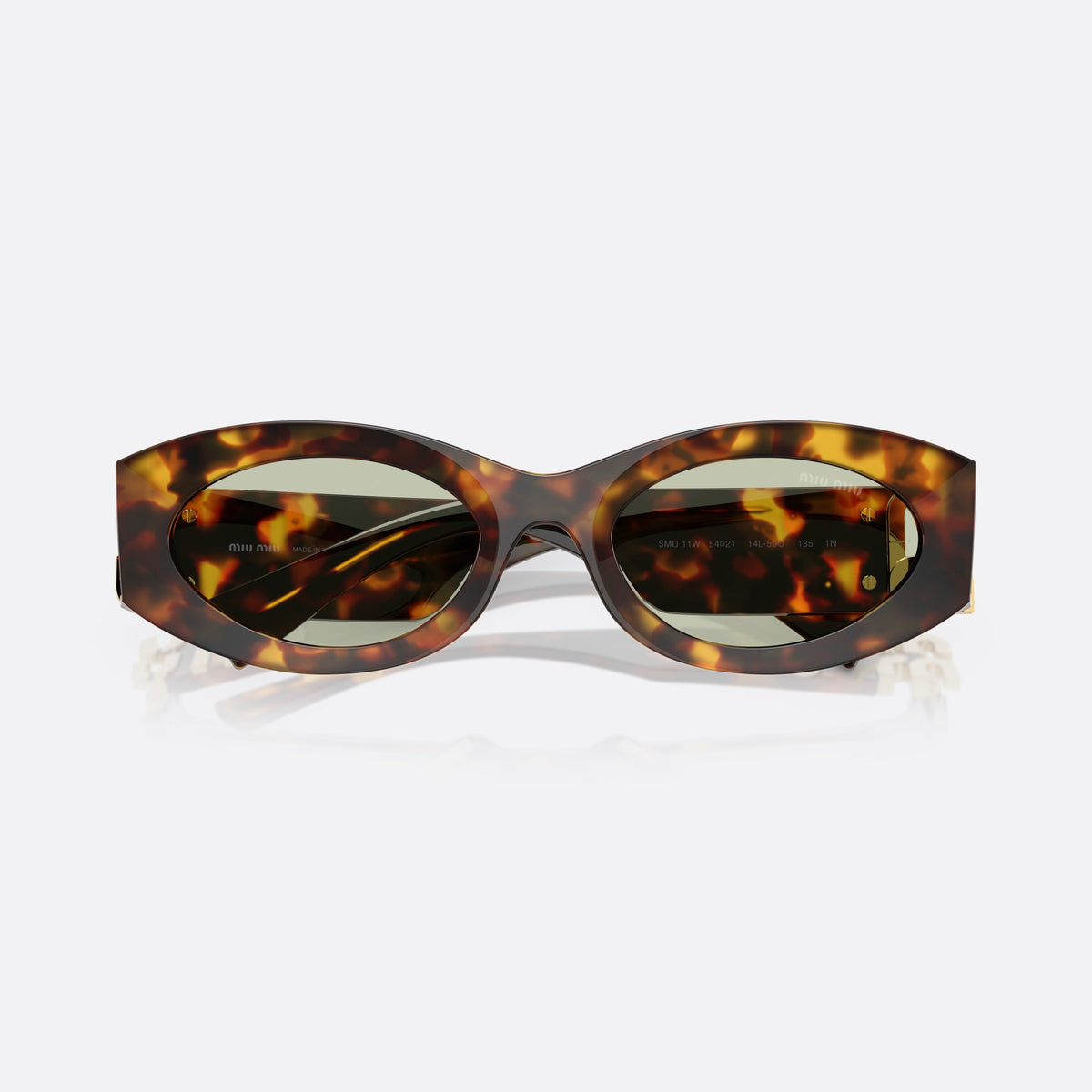 Miu Miu MU 11WS 14L50O sunglasses, havana oval frame for women, keyhole bridge, brand logo on temple, wide tapered temples, folded