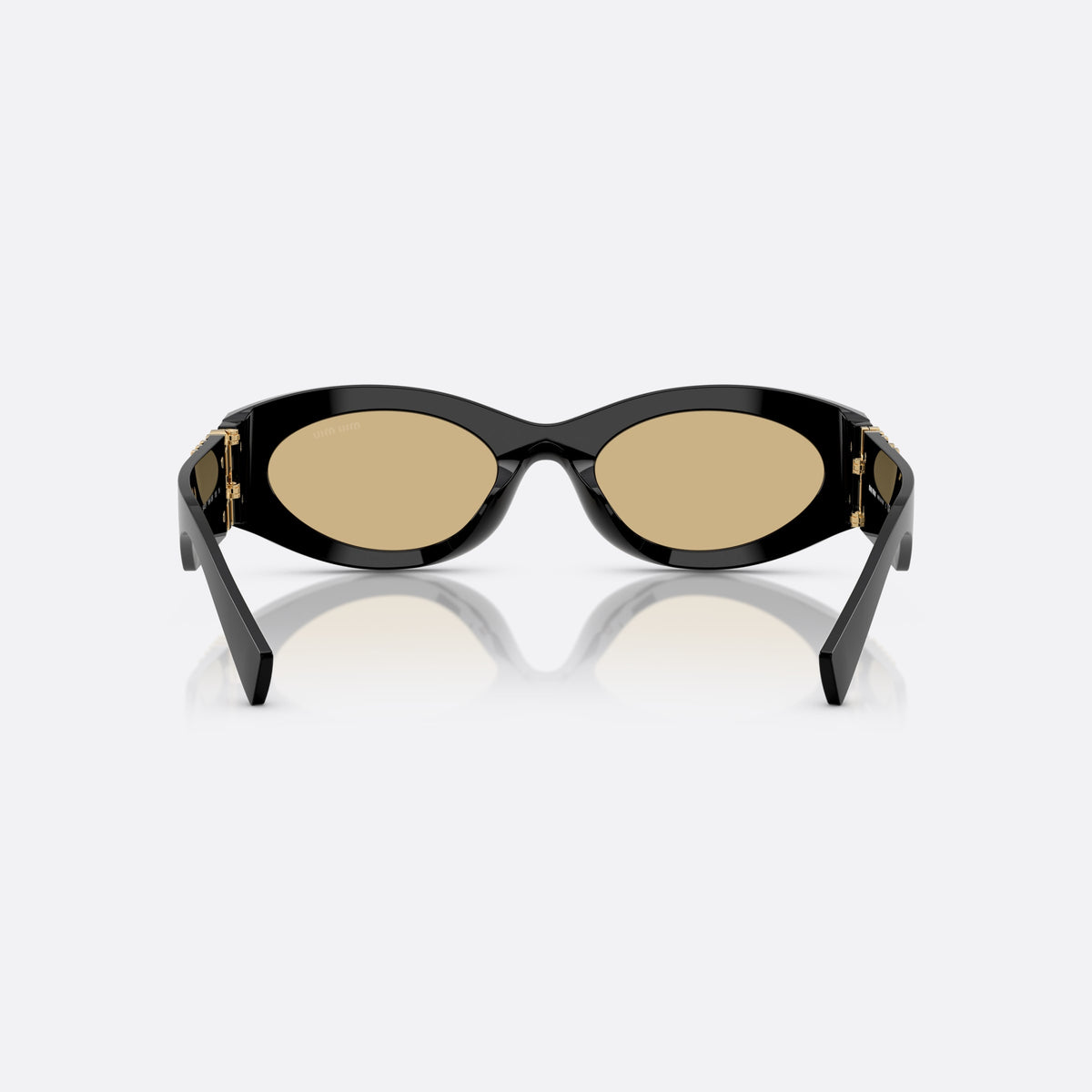 Miu Miu MU 11WS 16K10R sunglasses, black oval frame for women, plain integrated bridge, brand lettering on temples, back view