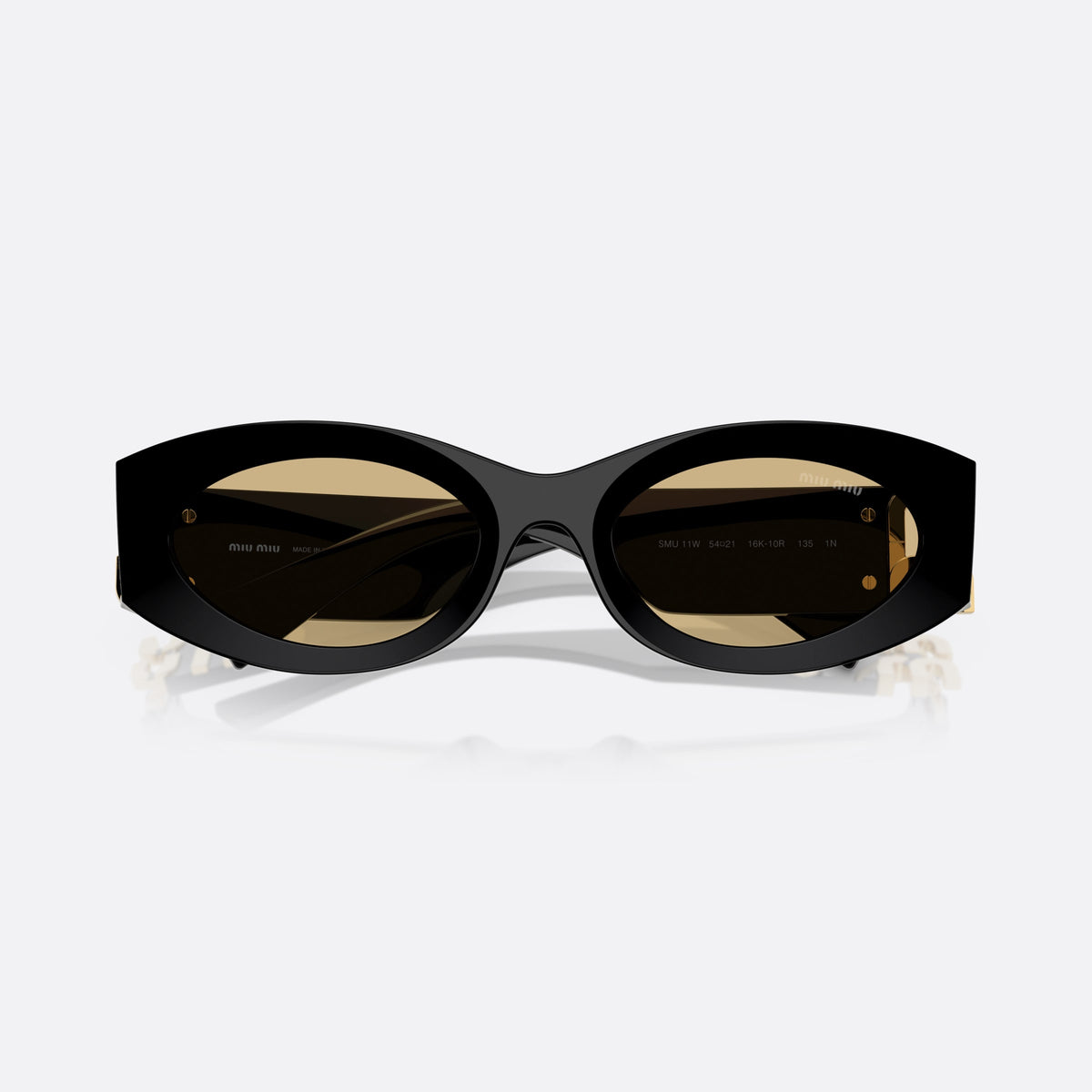 Miu Miu MU 11WS 16K10R sunglasses, black oval frame for women, plain integrated bridge, brand lettering on temples, folded
